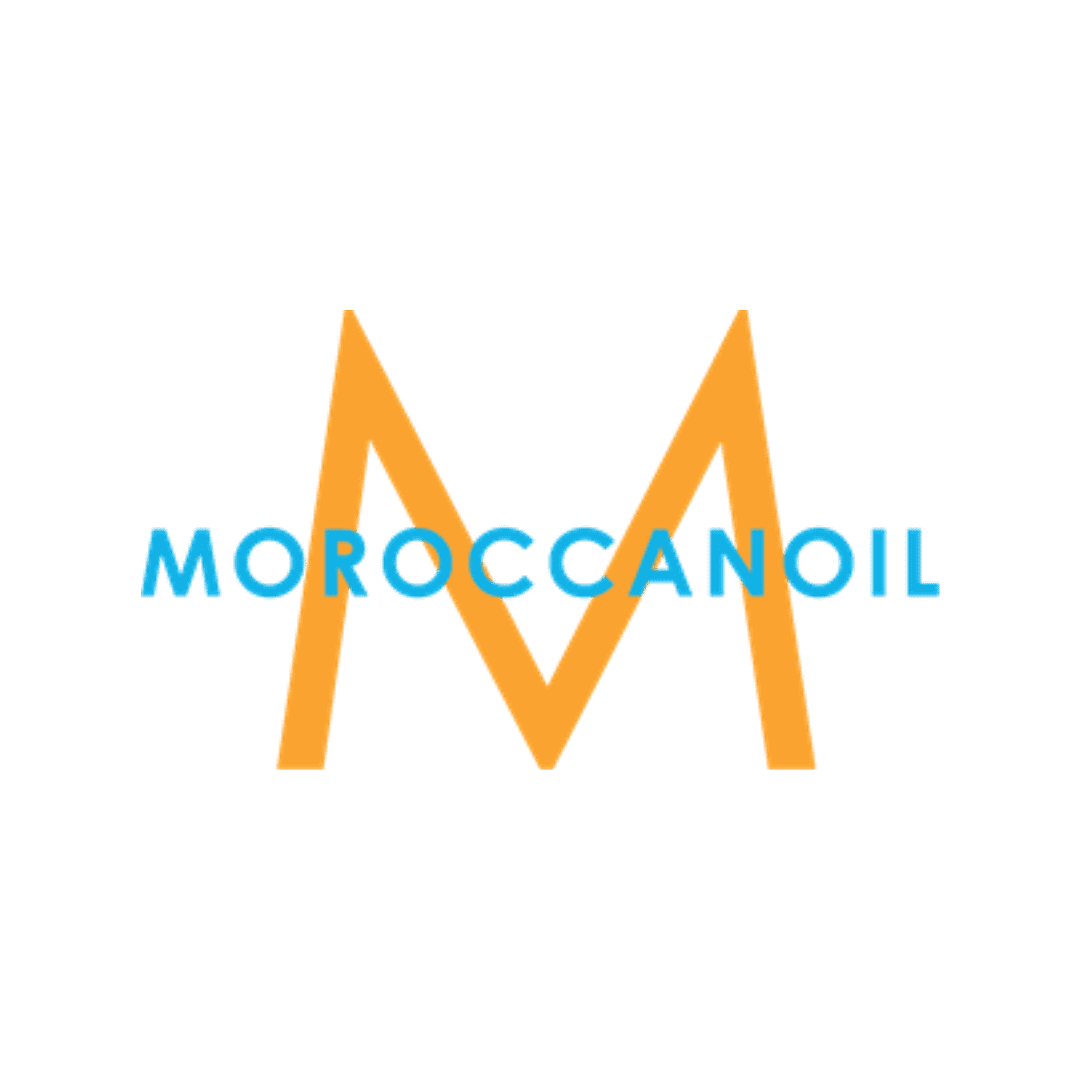Moroccanoil logo with a large orange "M" above the brand name in blue text.